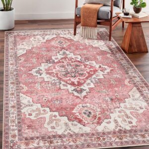 YesRug Pink Small Rug 3x5 Boho Vintage Rug for Living Room Bathroom Bedroom Kitchen Office Area Rug Non Slip Washable Low Pile Indoor Distressed Thin Carpet