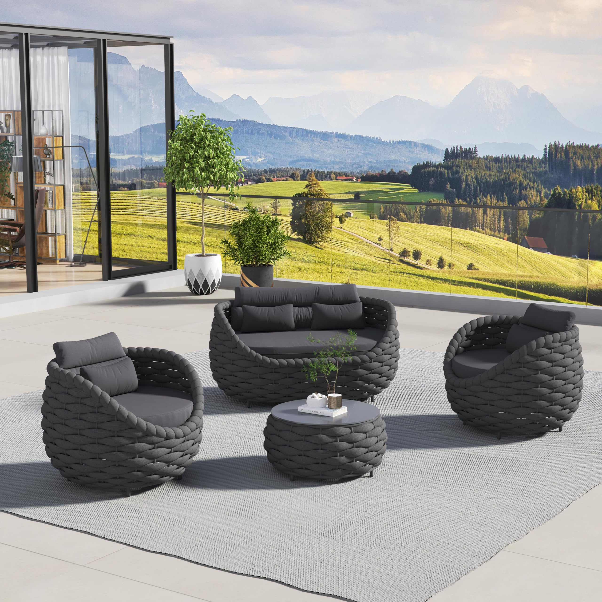 ercimi 4 Pieces Set Aluminum Outdoor&Indoor Sofa, Modern Patio Furniture Set Conversation Set with Soft Cushion and Coffee Table for Balcony Garden，Black