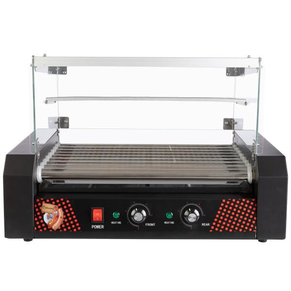 Hot Dog Roller - Stainless-Steel 9-Roller Hot Dog Machine with Bun Warmer and Cover - Hotdog Roller Grill for 24 Hot Dogs by Great Northern Popcorn