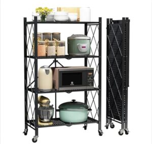 foldable storage shelves on wheels, 4 tier shelves for storage, heavy duty metal shelving units, no assembly storage rack for garage, kitchen, basement, pantry, black