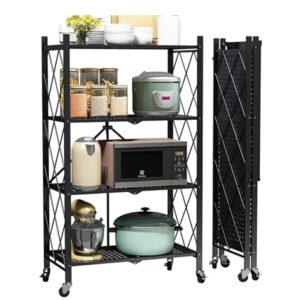 Foldable Storage Shelves on Wheels, 4 Tier Shelves for Storage, Heavy Duty Metal Shelving Units, No Assembly Storage Rack for Garage, Kitchen, Basement, Pantry, Black