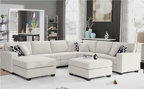 Legend Vansen 137'' Reversible Flexible Combination Modular Sofa Couche with Ottoman Sectional, Cream