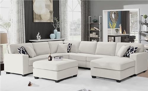 Legend Vansen 137'' Reversible Flexible Combination Modular Sofa Couche with Ottoman Sectional, Cream