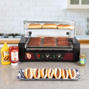 Hot Dog Roller - Stainless-Steel 9-Roller Hot Dog Machine with Bun Warmer and Cover - Hotdog Roller Grill for 24 Hot Dogs by Great Northern Popcorn