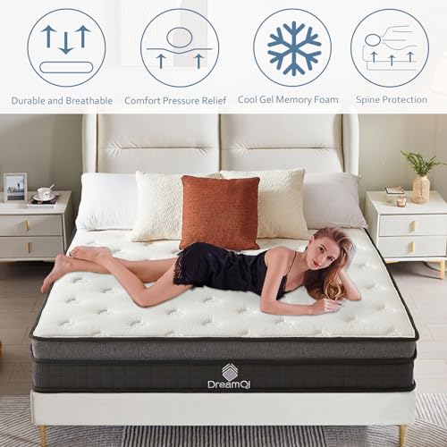 DreamQi Queen Mattress in a Box,8 Inch Hybrid Queen Size Mattresses,Gel Memory Foam and Pocket Spring Queen Bed Mattress,Medium Firm,Breathable Comfort Soft Mattress Pressure Relief