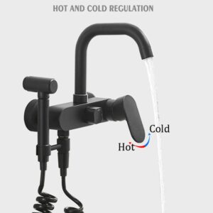 Bidet Sprayer Faucet Set Brass Handheld Toilet Bidet Attachment Pressure Sprayer Wall Mount Portable Shower Sprayer Set with Cold and Hot Water/Black and Chrome (Black and Chrome)