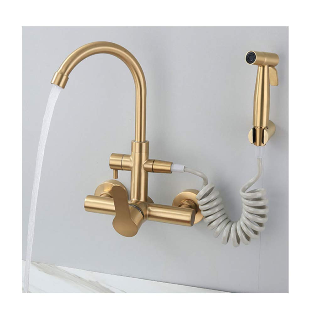 Bidet Sprayer Faucet Set Brass Brushed Gold Handheld Toilet Bidet Attachment Pressure Sprayer Wall Mount Portable Set with Cold and Hot/Type a (Type a)