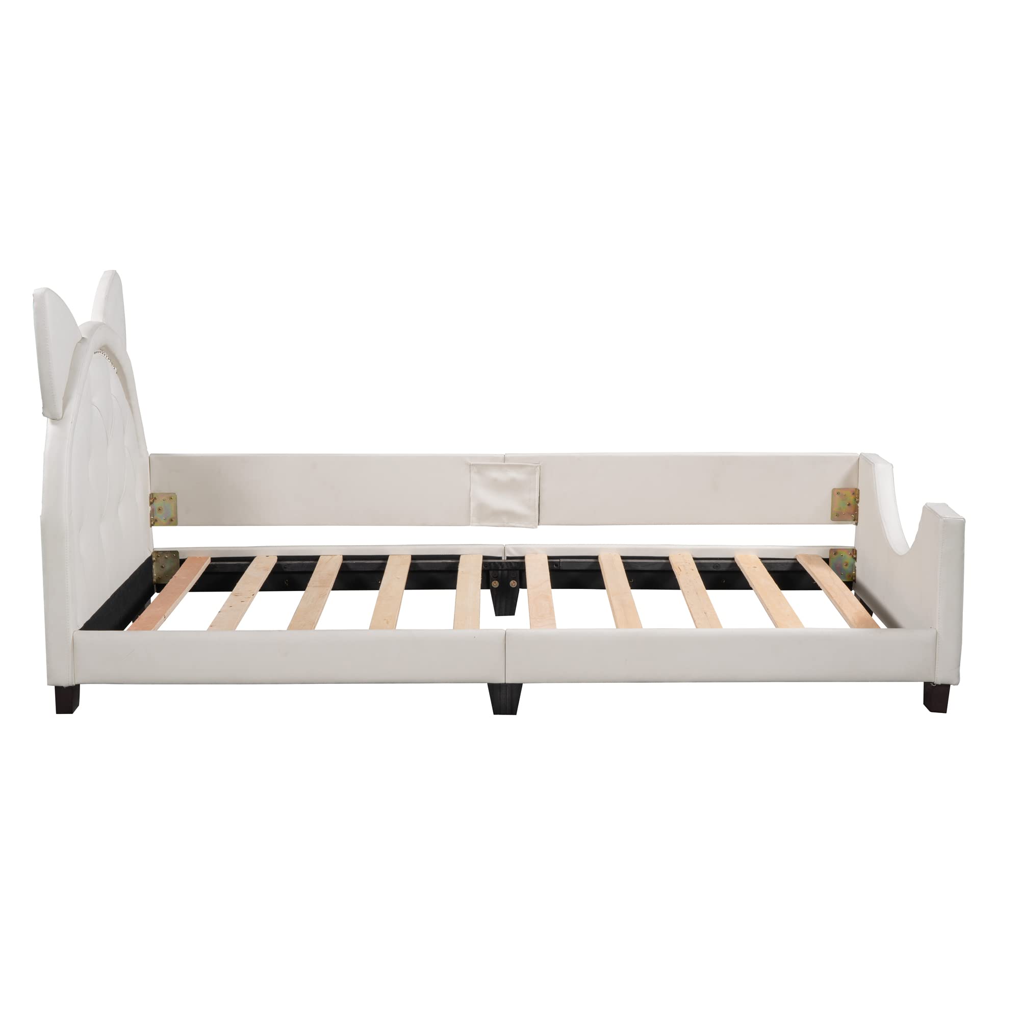 DREAMODERN Kids Twin Bed Frame with Headboard, Wood Cute Platform Bed Frame Upholstered Daybed with Carton Ears Shaped Headboard for Kids Girls Boys No Box Spring Needed - Beige