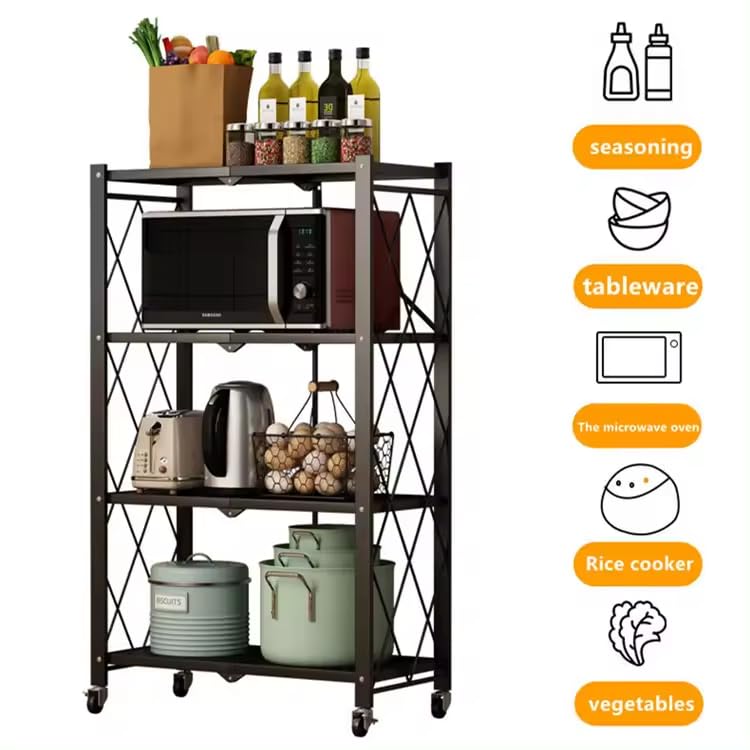 Foldable Storage Shelves on Wheels, 4 Tier Shelves for Storage, Heavy Duty Metal Shelving Units, No Assembly Storage Rack for Garage, Kitchen, Basement, Pantry, Black