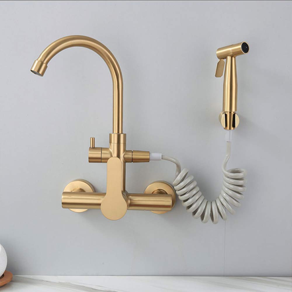 Bidet Sprayer Faucet Set Brass Brushed Gold Handheld Toilet Bidet Attachment Pressure Sprayer Wall Mount Portable Set with Cold and Hot/Type a (Type B)