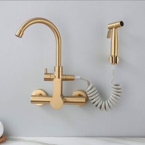 Bidet Sprayer Faucet Set Brass Brushed Gold Handheld Toilet Bidet Attachment Pressure Sprayer Wall Mount Portable Set with Cold and Hot/Type a (Type a)