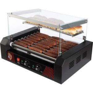 Hot Dog Roller - Stainless-Steel 9-Roller Hot Dog Machine with Bun Warmer and Cover - Hotdog Roller Grill for 24 Hot Dogs by Great Northern Popcorn