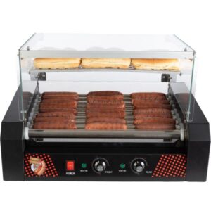 Hot Dog Roller - Stainless-Steel 9-Roller Hot Dog Machine with Bun Warmer and Cover - Hotdog Roller Grill for 24 Hot Dogs by Great Northern Popcorn