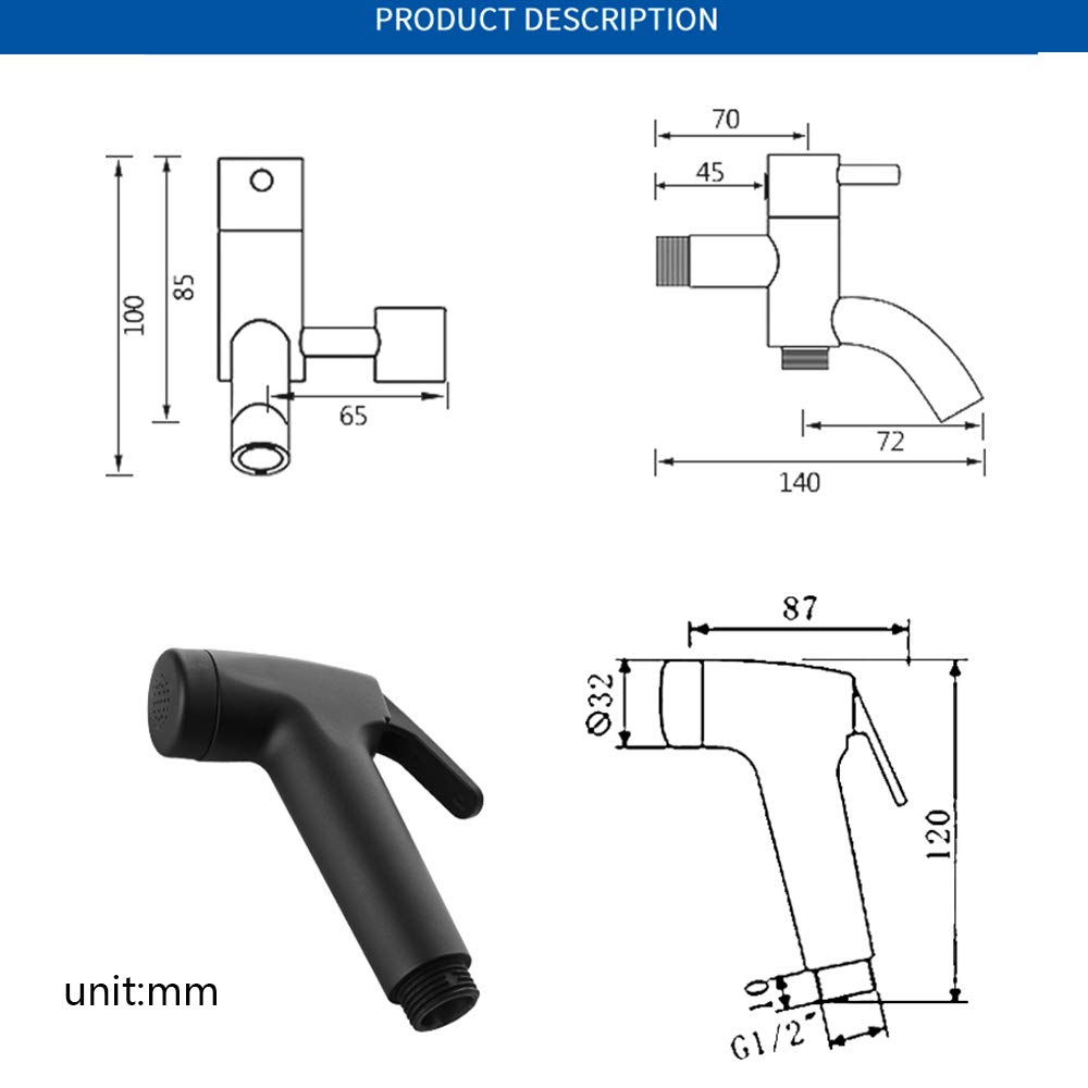 Bidet Sprayer Faucet Set with Cold Water Black Brass Handheld Toilet Bidet Wall Mount Single Handle/PVC Hose (Stainless Steel Hose)