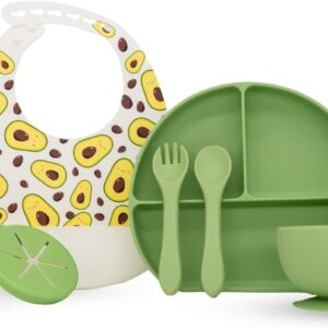 Meeso Baby 8-piece Silicone Baby Feeding Set - Animal Print Baby Essentials - Toddler Plates & Cup with Lid - Baby Led Weaning Supplies - Adjustable Bibs Microwave - Dishwasher Safe - BPA-free - Green