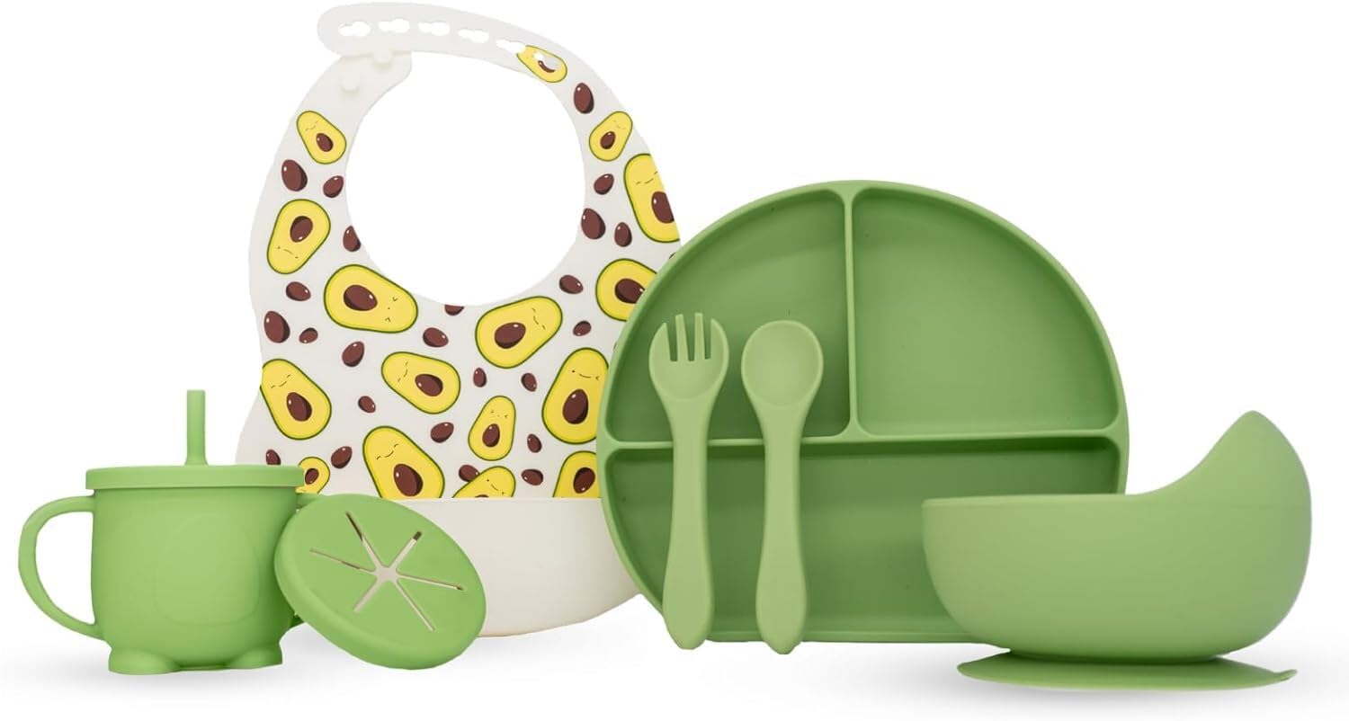 Meeso Baby 8-piece Silicone Baby Feeding Set - Animal Print Baby Essentials - Toddler Plates & Cup with Lid - Baby Led Weaning Supplies - Adjustable Bibs Microwave - Dishwasher Safe - BPA-free - Green