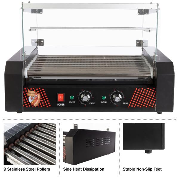 Hot Dog Roller - Stainless-Steel 9-Roller Hot Dog Machine with Bun Warmer and Cover - Hotdog Roller Grill for 24 Hot Dogs by Great Northern Popcorn