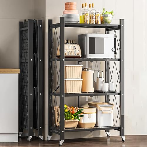 Foldable Storage Shelves on Wheels, 4 Tier Shelves for Storage, Heavy Duty Metal Shelving Units, No Assembly Storage Rack for Garage, Kitchen, Basement, Pantry, Black