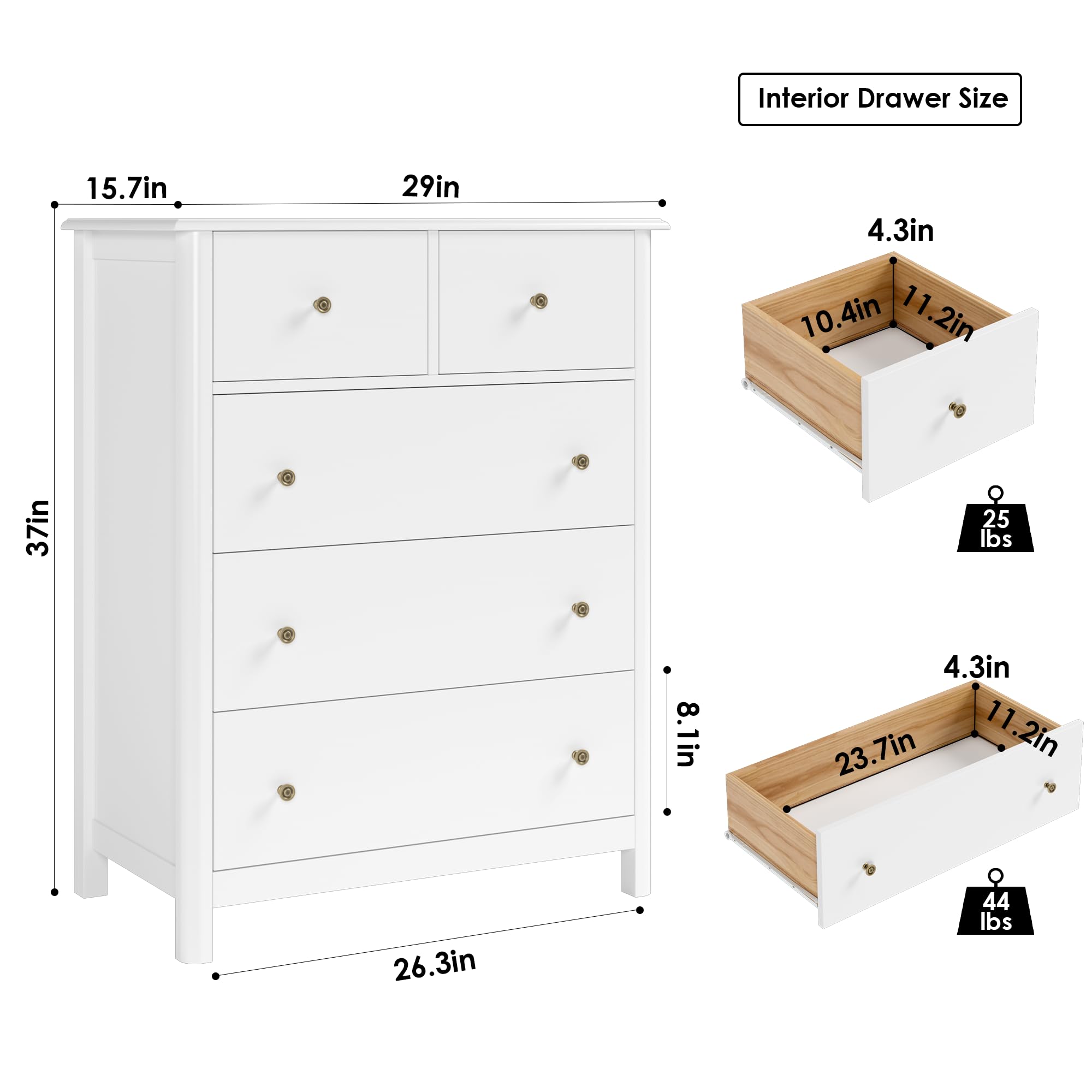 HOUSUIT White Dresser with 5 Drawers, Tall Dresser Chest of Drawers, 5 Drawer Dresser with Deep Space, Wood Dresser Storage Cabinet for Living Room, Hallway, Office, White