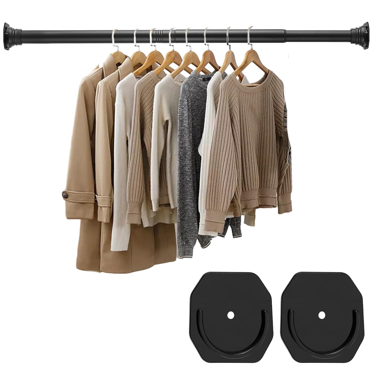 DwelSpire Closet Rod - 30-64 Inches, No Drilling Closet Rod Extender Hanging - Matte Black Adjustable Clothes Hanging Bar, for Closet, Bathroom, Windows with No Drilling Holder