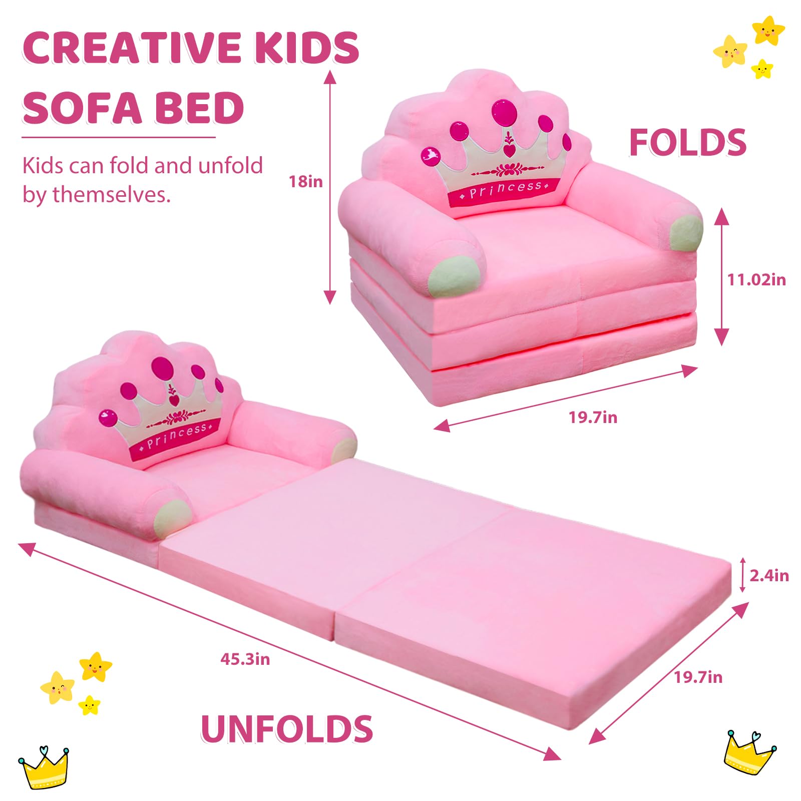 PLYFOU Kids Fold Out Couch, Couch for Toddlers 1-3, 2-in-1 Foldable Princess Chair for Toddlers, Mini Couch for Kids Reading and Napping, Idea for Girls, Pink