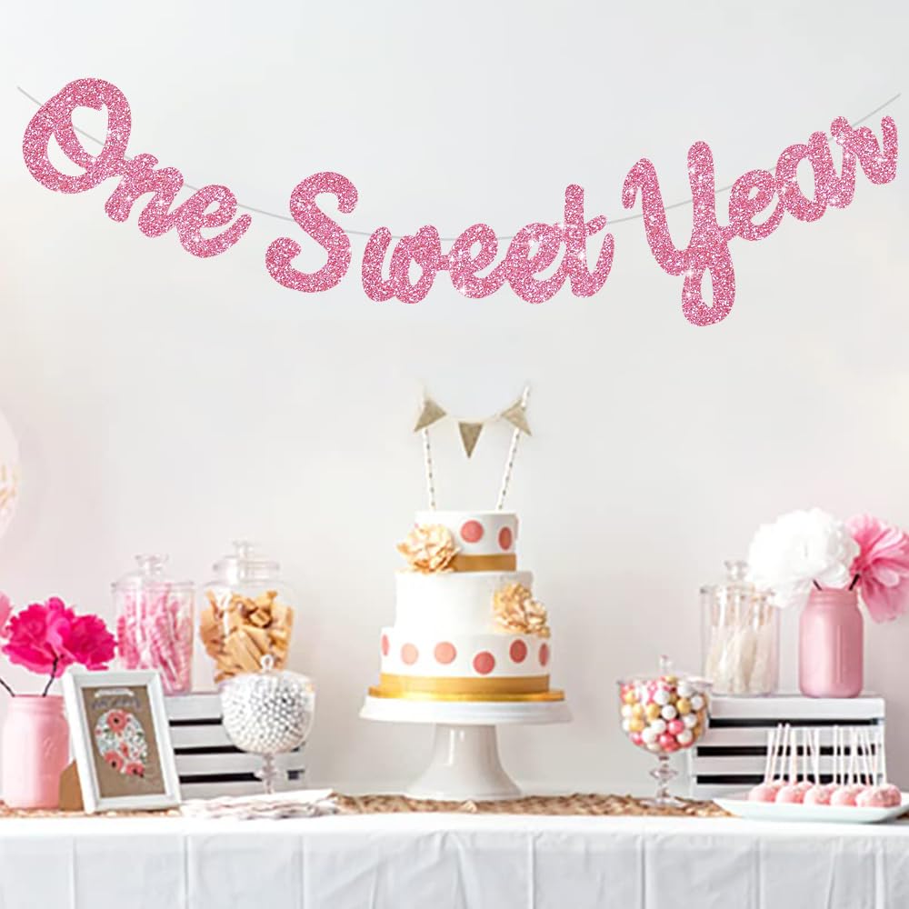 BEISHIDA Pink Glitter Sweet 1 Year Banner(Pre-Strung), First Birthday Anniversary Party Decorations Supplies for Boys Girls, Sweet Bunting Sign,1st Bday Baby Shower Hanging banner