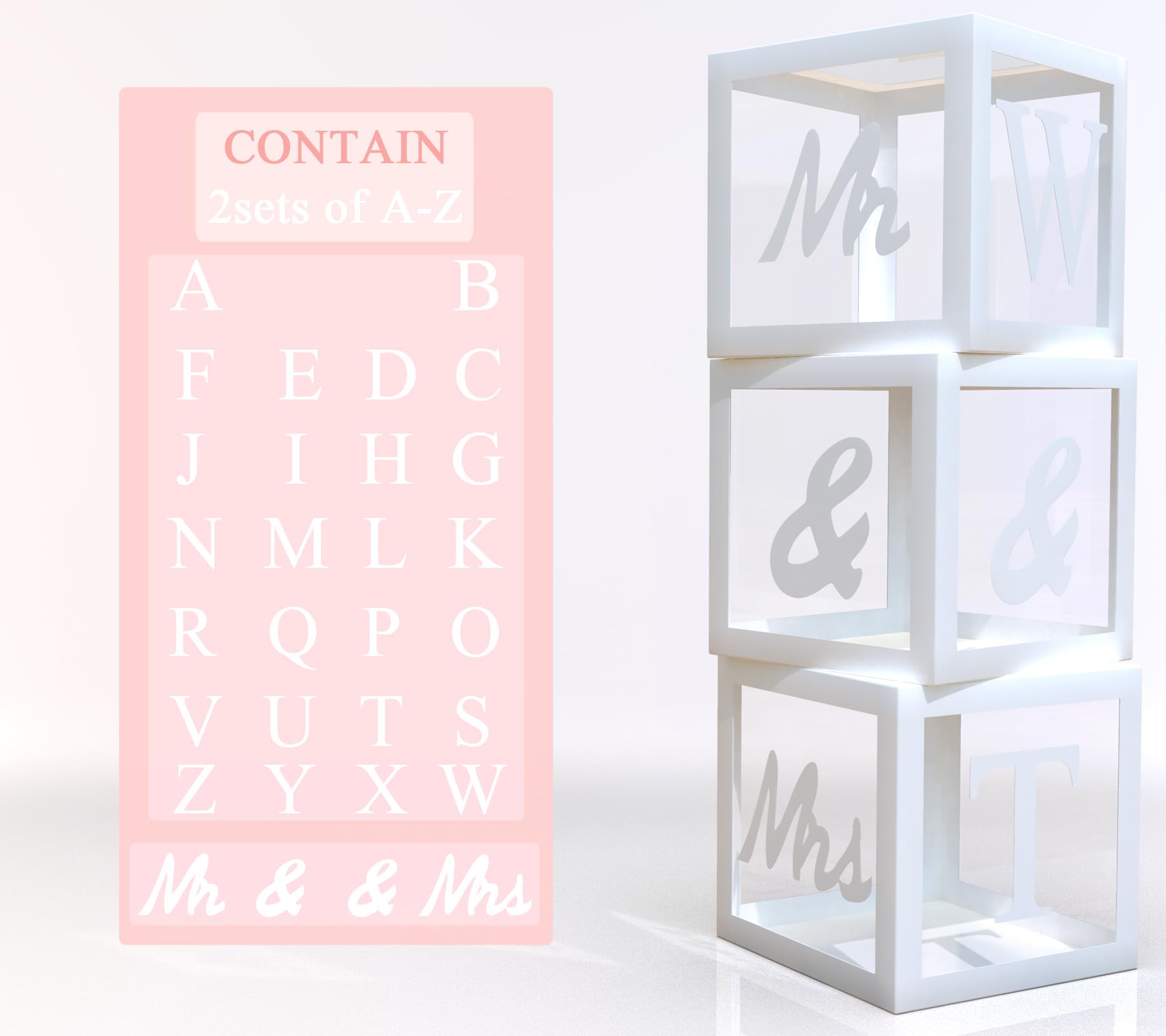 keonsatrz Transparent Wedding Balloon Boxes 3PCS Custom Name White Mr and Mrs Balloon Boxes with 56 Letters Balloon Box Backdrop for Wedding Bridal Shower Engagement Anniversary Party Supplies