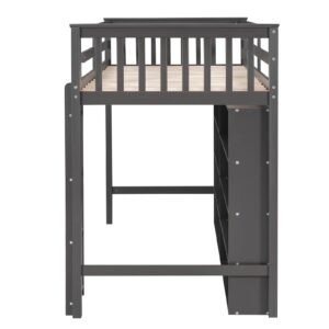 Harper & Bright Designs Twin Size Loft Bed with Storage, Wooden Loft Bed Frame with 8 Open Storage Shelves and Built-in Ladder, Gray