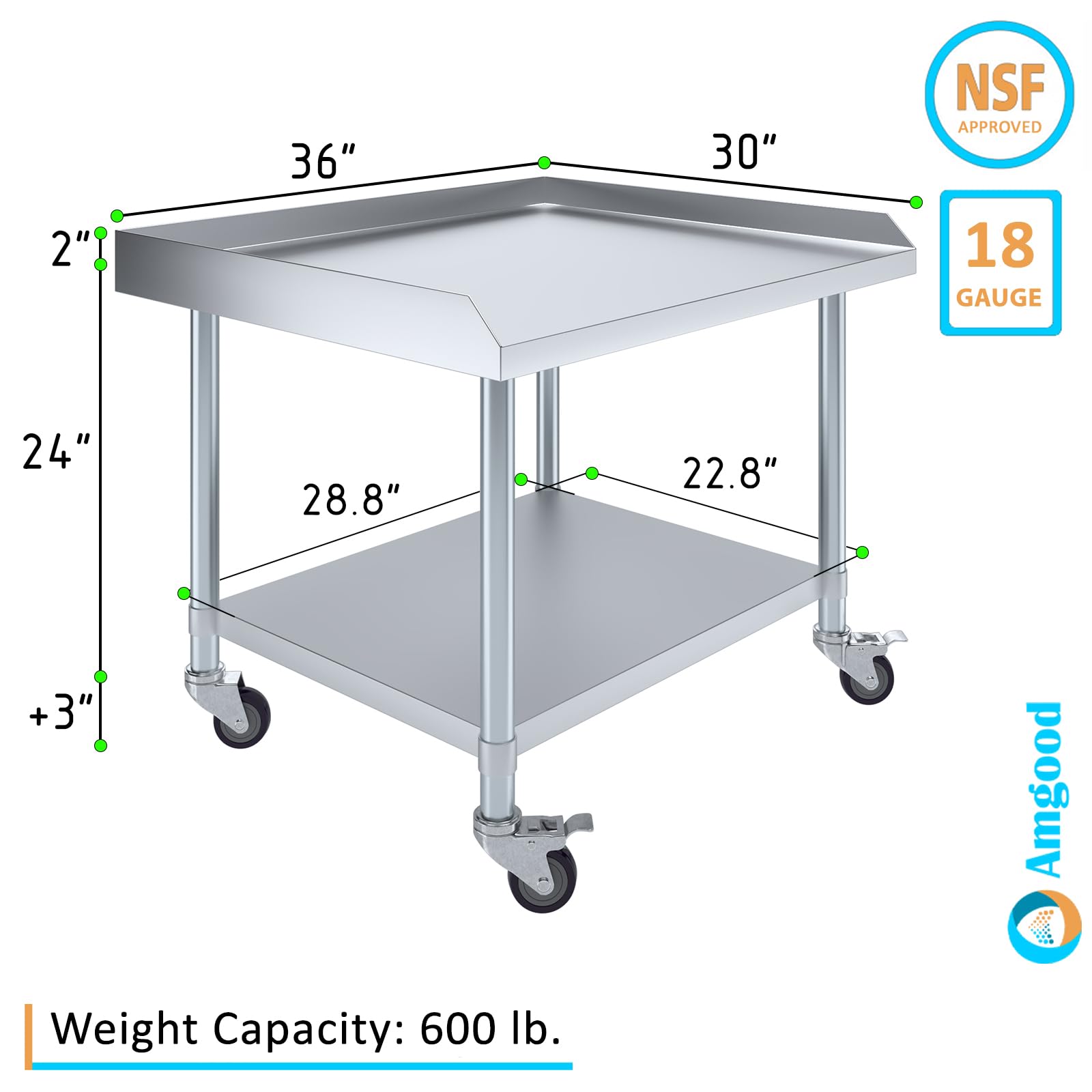 AmGood Stainless Steel Equipment Stand with Undershelf + Casters, Heavy Duty, Commercial Grade, NSF (30" Width x 36" Length + Casters)