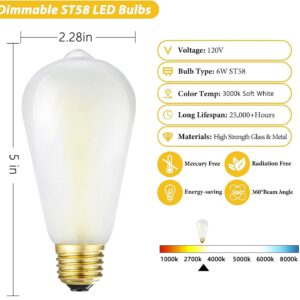 HOMOSUM E26 Frosted LED Edison Bulbs, 6W Equivalent 60W,600LM,AC120V, Soft White 3000K,ST58 Dimmable Antique LED Filament Bulbs with 90+ CRI, Pack of 6 (6W=60W Soft White)