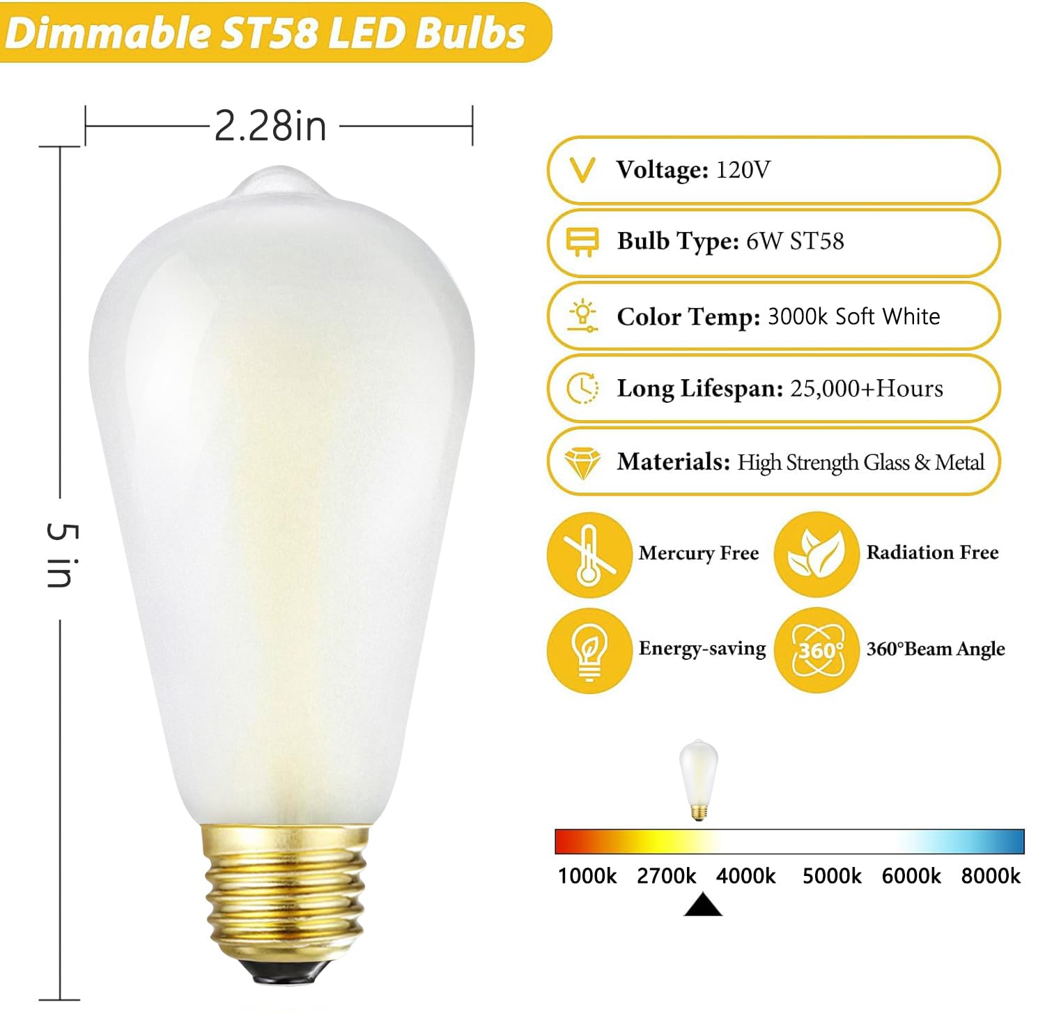 HOMOSUM E26 Frosted LED Edison Bulbs, 6W Equivalent 60W,600LM,AC120V, Soft White 3000K,ST58 Dimmable Antique LED Filament Bulbs with 90+ CRI, Pack of 6 (6W=60W Soft White)