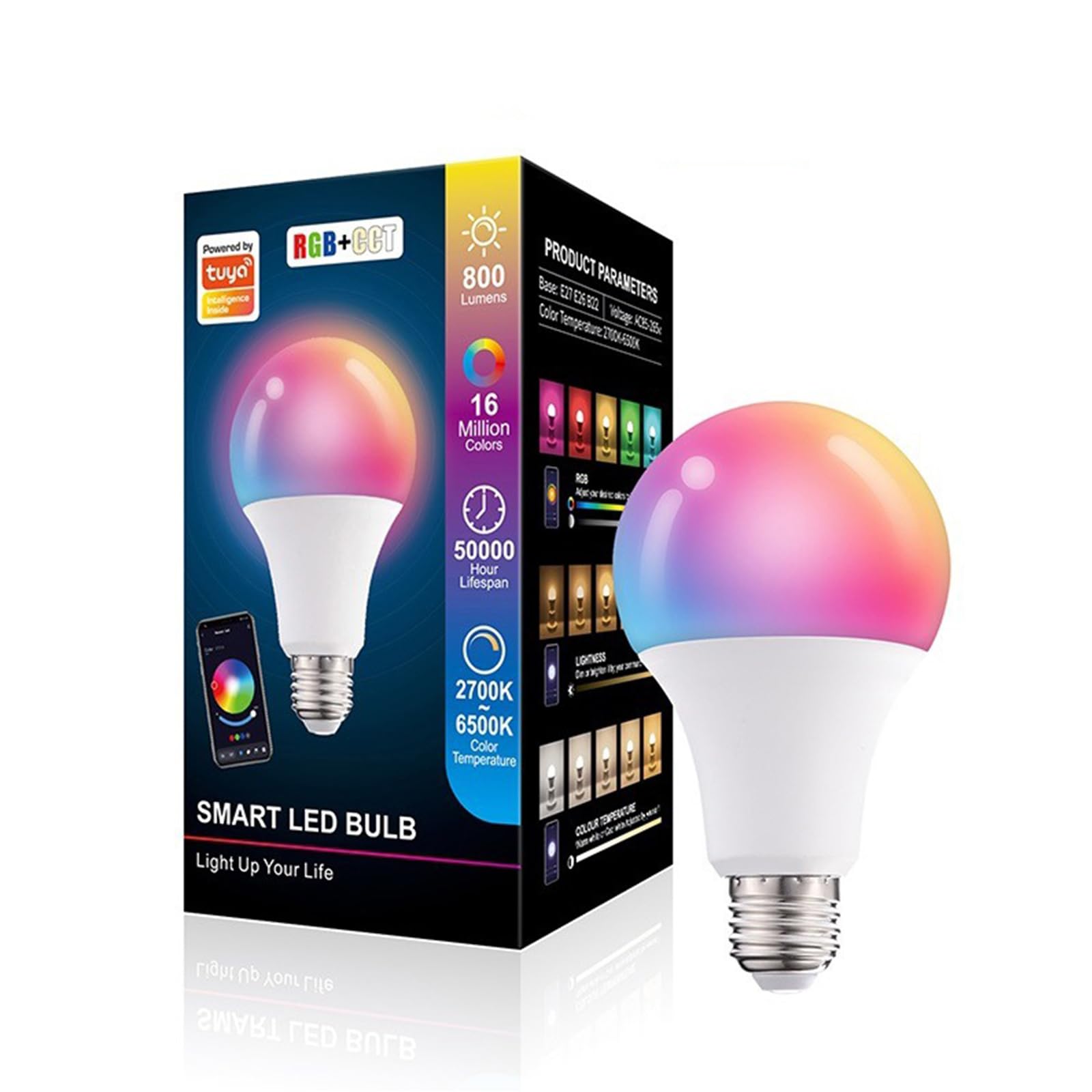 MINGHYZYA Smart Color Changing Light Bulbs, Bluetooth A19 E27 RGBWW LED Light Bulb, 16 Million DIY Colors, Warm White 6500K, 10W(70W Equivalent) 800LM LED Light Bulb (1 Pack)