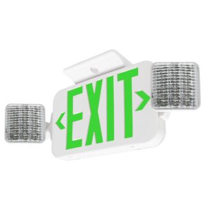 LFI Lights | Combo Green Exit Sign with Emergency Lights | White Housing | All LED | Two Adjustable Square Heads | Hardwired with Battery Backup | Remote Head Capable | UL Listed | COMBO2-G-W-RH