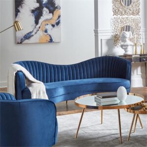 Pemberly Row Modern Velvet Upholstered Camel Back Sofa in Blue