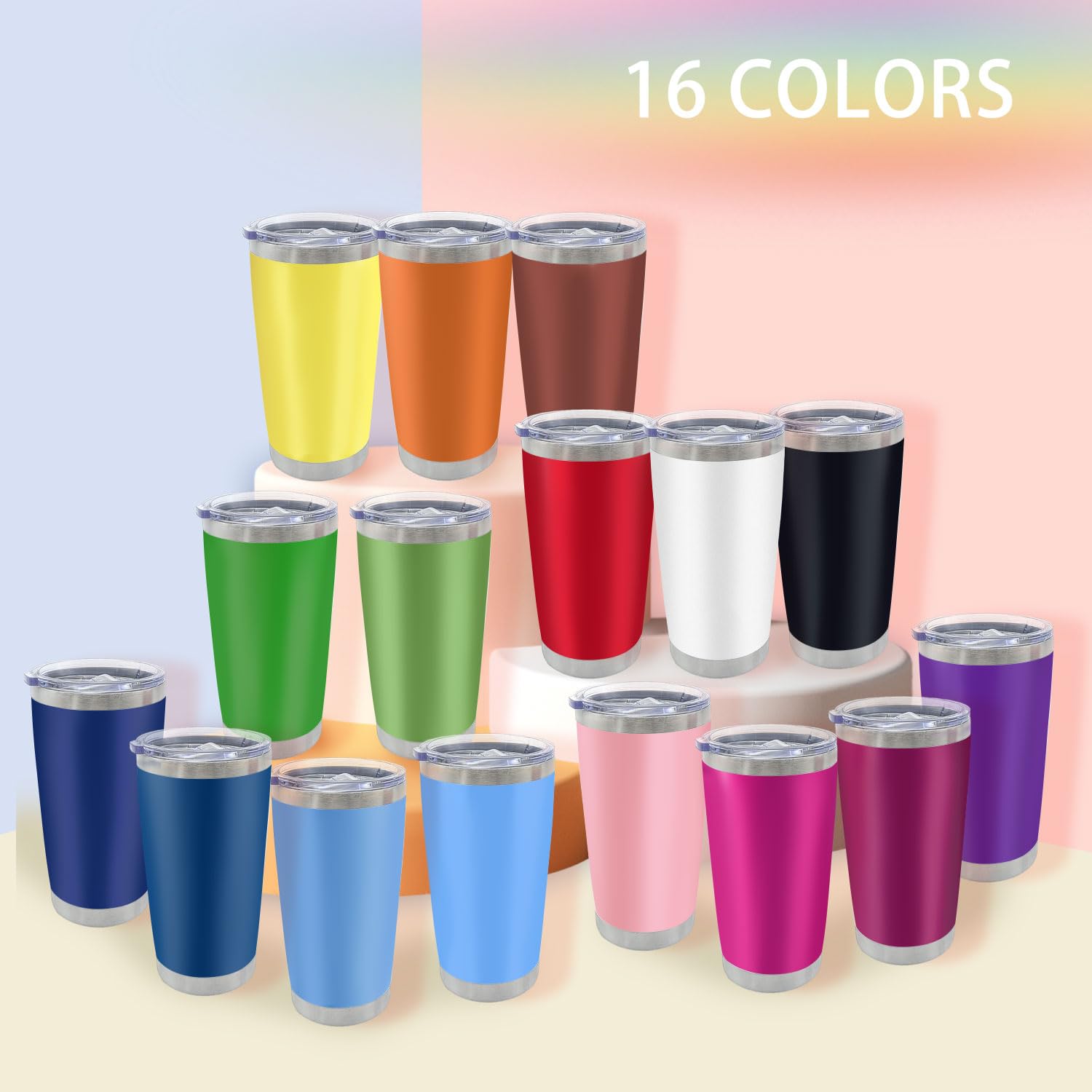 YOUKE OLA 16 Pack Insulated Coffee Tumbler - 20oz Stainless Steel Double Wall Vacuum Travel Tumbler Cup with Lid and Straw for Cold & Hot Drinks (Mixed Colors)