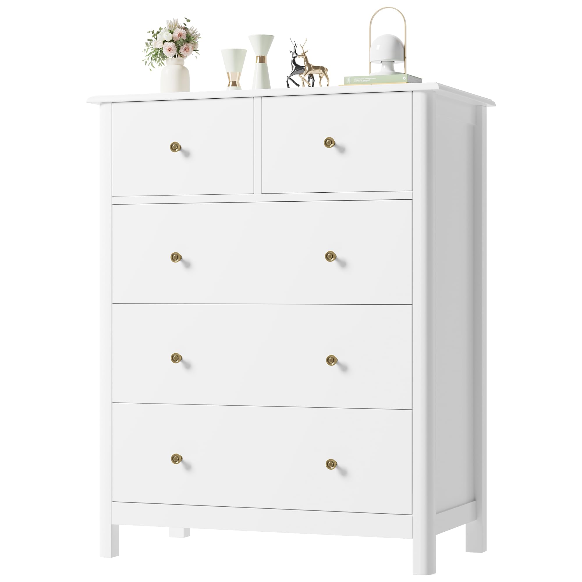 HOUSUIT White Dresser with 5 Drawers, Tall Dresser Chest of Drawers, 5 Drawer Dresser with Deep Space, Wood Dresser Storage Cabinet for Living Room, Hallway, Office, White