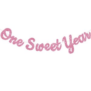 beishida pink glitter sweet 1 year banner(pre-strung), first birthday anniversary party decorations supplies for boys girls, sweet bunting sign,1st bday baby shower hanging banner