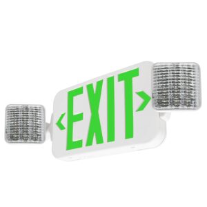 lfi lights | combo green exit sign with emergency lights | white housing | all led | two adjustable square heads | hardwired with battery backup | remote head capable | ul listed | combo2-g-w-rh