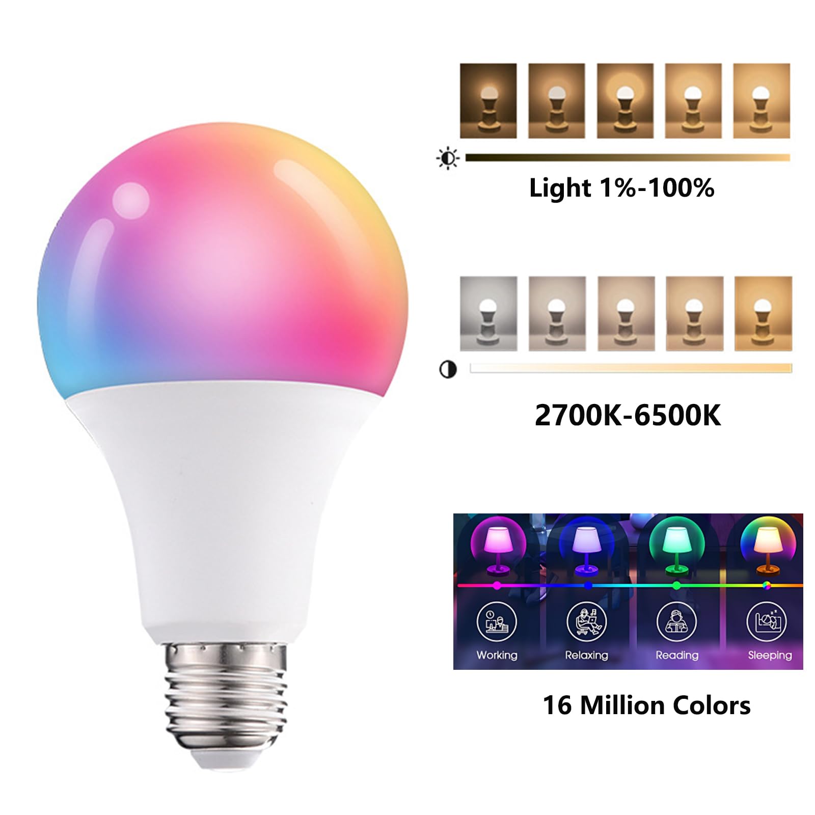 MINGHYZYA Smart Color Changing Light Bulbs, Bluetooth A19 E27 RGBWW LED Light Bulb, 16 Million DIY Colors, Warm White 6500K, 10W(70W Equivalent) 800LM LED Light Bulb (1 Pack)