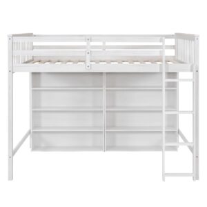 Harper & Bright Designs Full Size Loft Bed with Storage, Wooden Loft Bed Frame with 8 Open Storage Shelves and Built-in Ladder, White