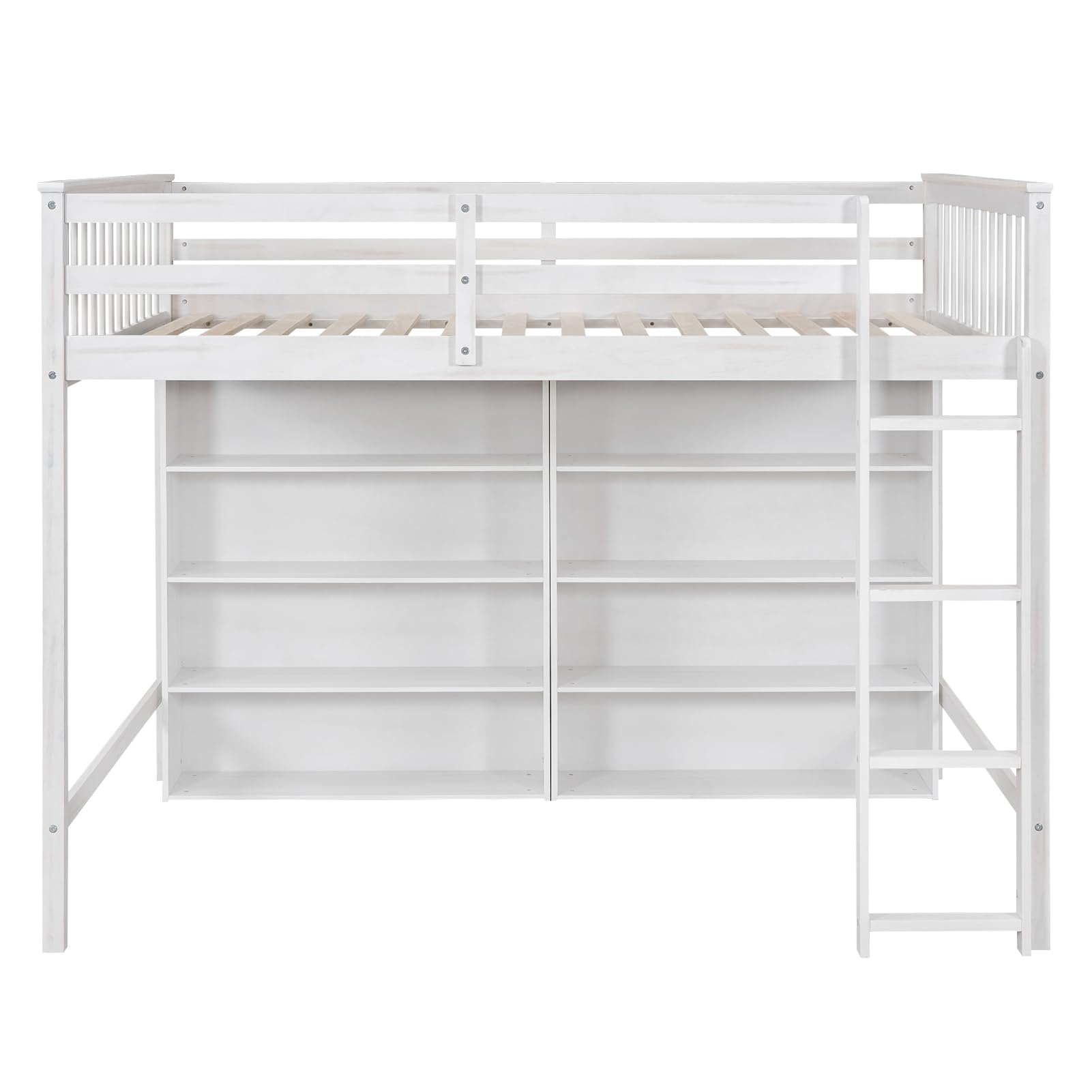 Harper & Bright Designs Full Size Loft Bed with Storage, Wooden Loft Bed Frame with 8 Open Storage Shelves and Built-in Ladder, White