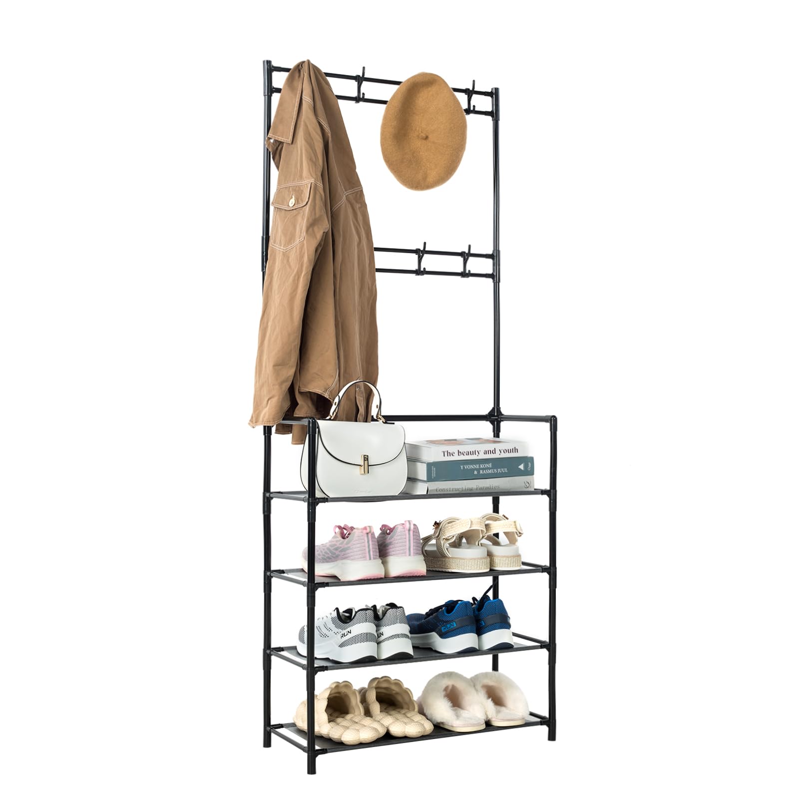 Bixtaneab 4-Tier Coat and Shoe Rack – Space-Saving Entryway Organizer for Front Door, Bedroom, Hallway, Office – Easy Assembly, Multifunctional Storage Solution