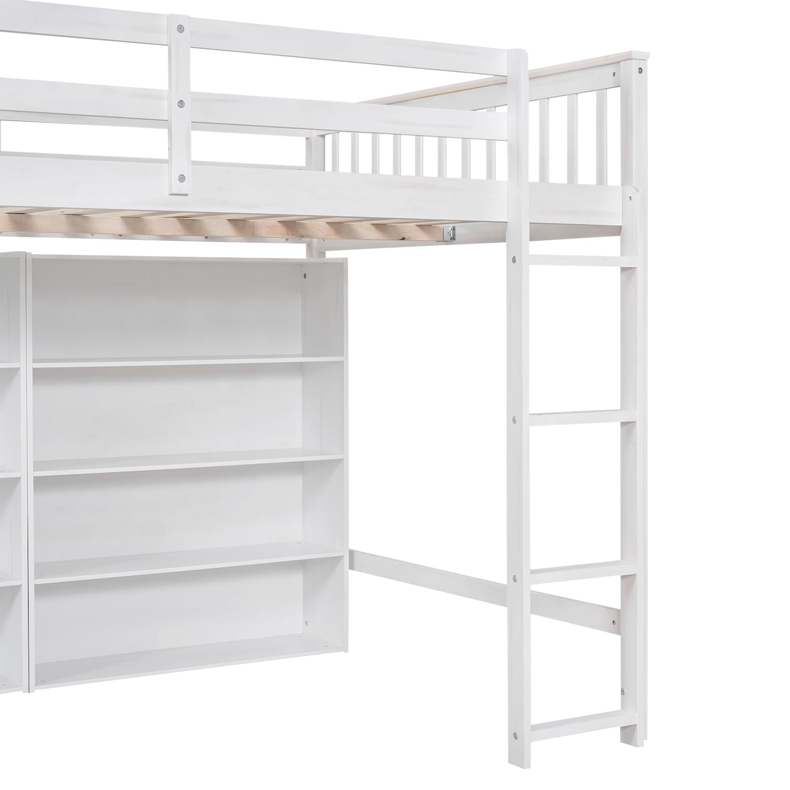 Harper & Bright Designs Full Size Loft Bed with Storage, Wooden Loft Bed Frame with 8 Open Storage Shelves and Built-in Ladder, White