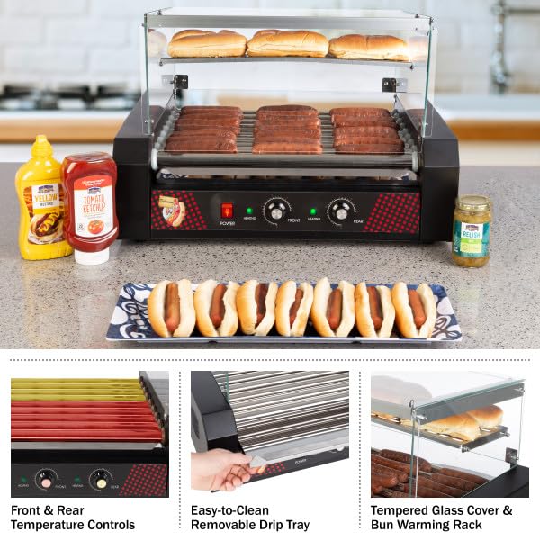 Hot Dog Roller - Stainless-Steel 9-Roller Hot Dog Machine with Bun Warmer and Cover - Hotdog Roller Grill for 24 Hot Dogs by Great Northern Popcorn