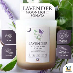 SquaredMart Natural Soy Candle - Lavender Moonlight Sonata, Lavender, Jasmine, Musk & Vanilla Scents, 55 Hour Burn, 100% Cotton Wick, Eco-Friendly Bamboo Coaster & Lid, Decor & Calming, Sandy Bliss