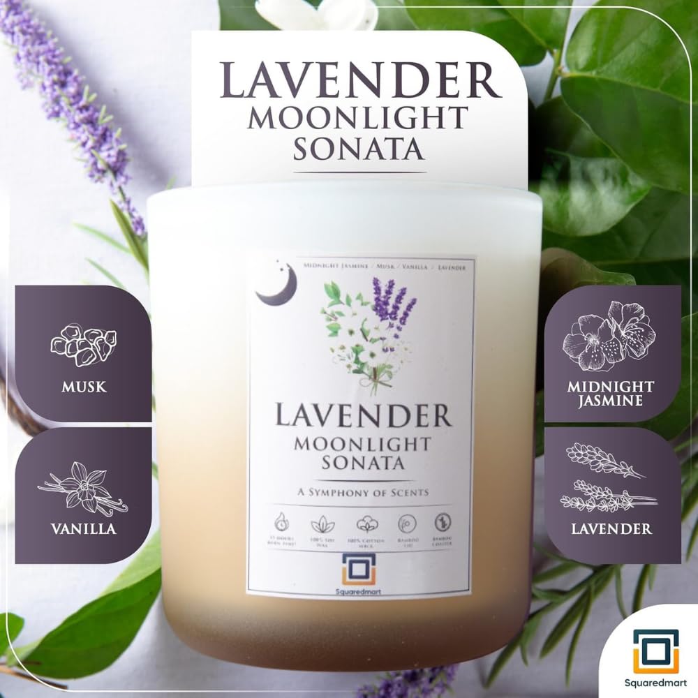 SquaredMart Natural Soy Candle - Lavender Moonlight Sonata, Lavender, Jasmine, Musk & Vanilla Scents, 55 Hour Burn, 100% Cotton Wick, Eco-Friendly Bamboo Coaster & Lid, Decor & Calming, Sandy Bliss