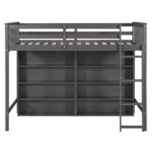 Harper & Bright Designs Twin Size Loft Bed with Storage, Wooden Loft Bed Frame with 8 Open Storage Shelves and Built-in Ladder, Gray