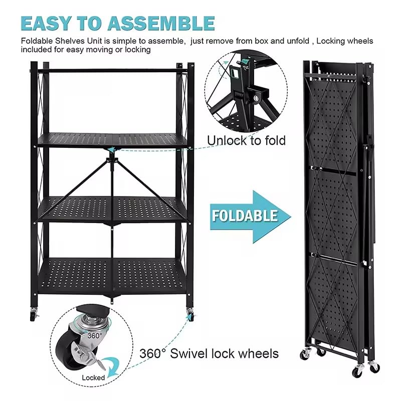 Foldable Storage Shelves on Wheels, 4 Tier Shelves for Storage, Heavy Duty Metal Shelving Units, No Assembly Storage Rack for Garage, Kitchen, Basement, Pantry, Black