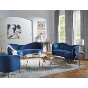 Pemberly Row Modern Velvet Upholstered Camel Back Sofa in Blue