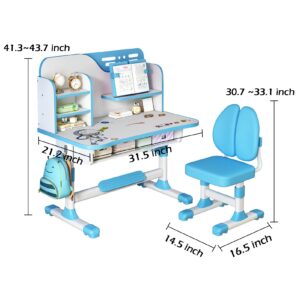 PAPABA Kids Desk and Chair Set, Height Adjustable Astronaut Pattern Children School Desk with Shelf & Large Drawers, Kids Writing Study Table for Boys Girls 3+ (Blue)